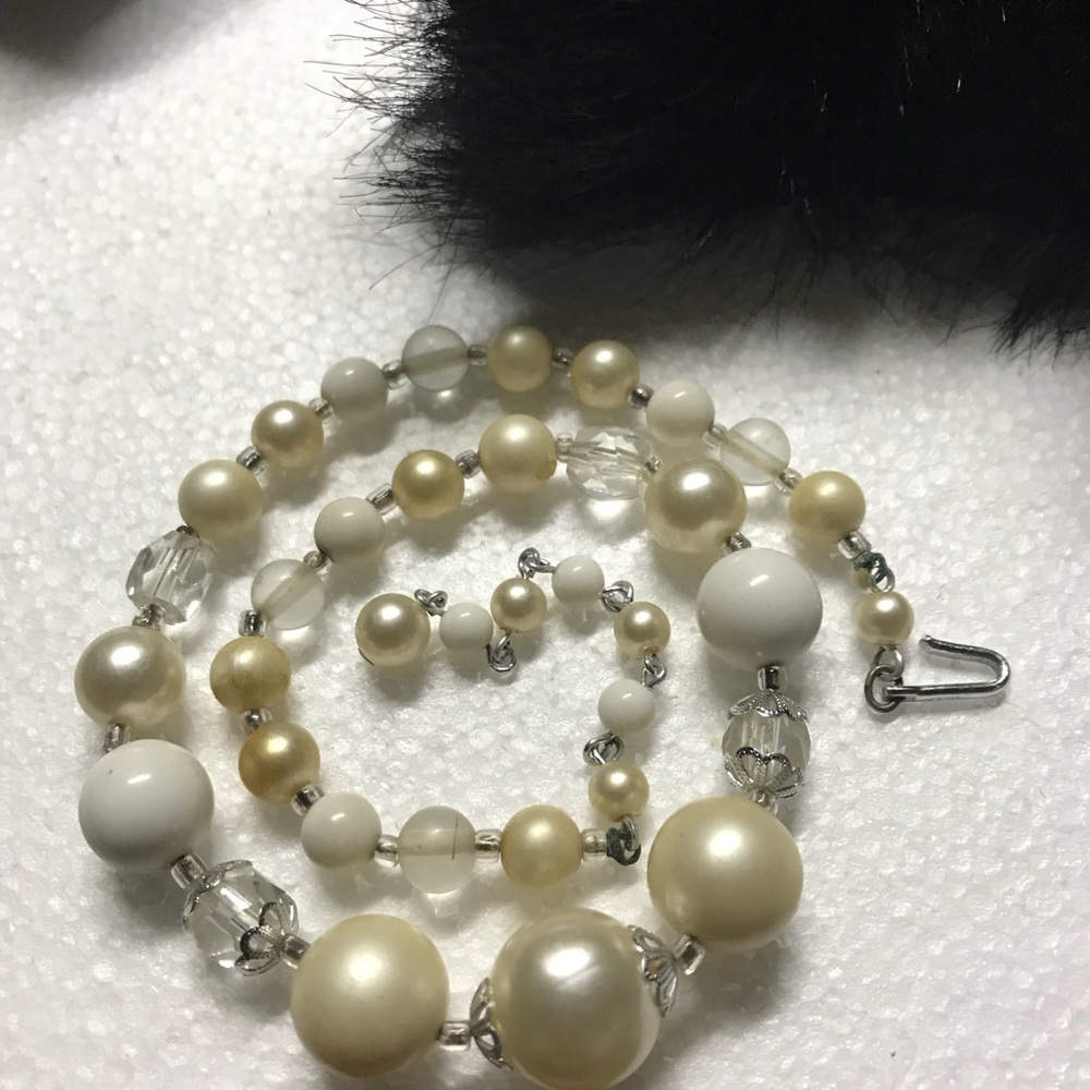 Japanese silver clasp Cream & Clear Bead necklace
